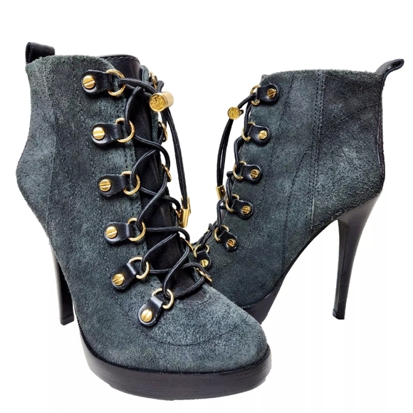TORY BURCH Hamila Suede Boots NEW Sz 7 Green Black Platform Stiletto Victorian
